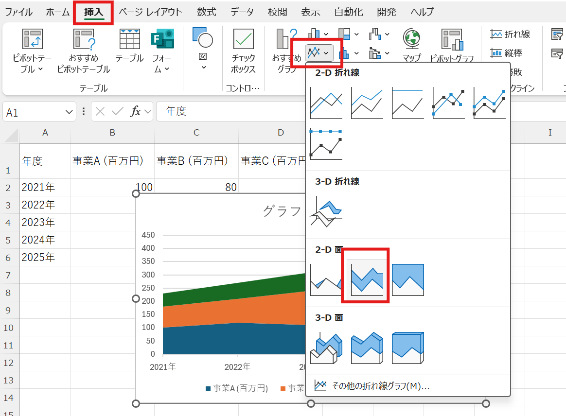Excelで積み上げ面グラフを挿入する